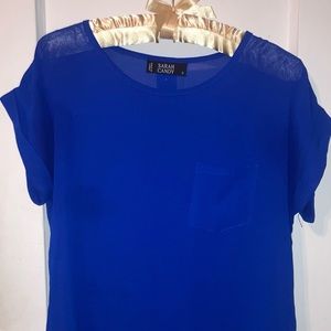 Cobalt Blue Sheer Top, Gold Buttons in Back and On Sleeves, in Perfect Condition
